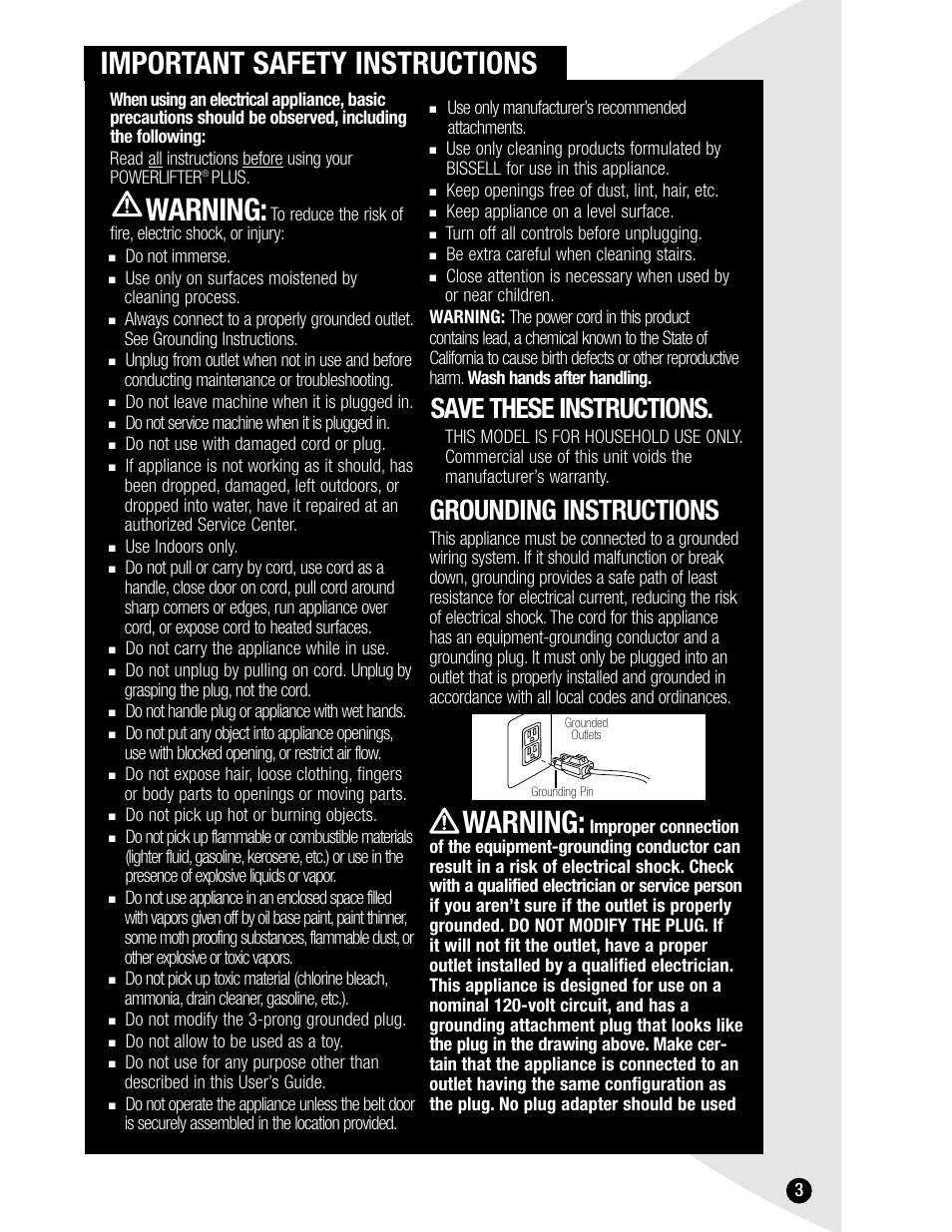 Important safety instructions, Warning, Save these instructions | Grounding instructions | Bissell 1620 User Manual | Page 3 / 20