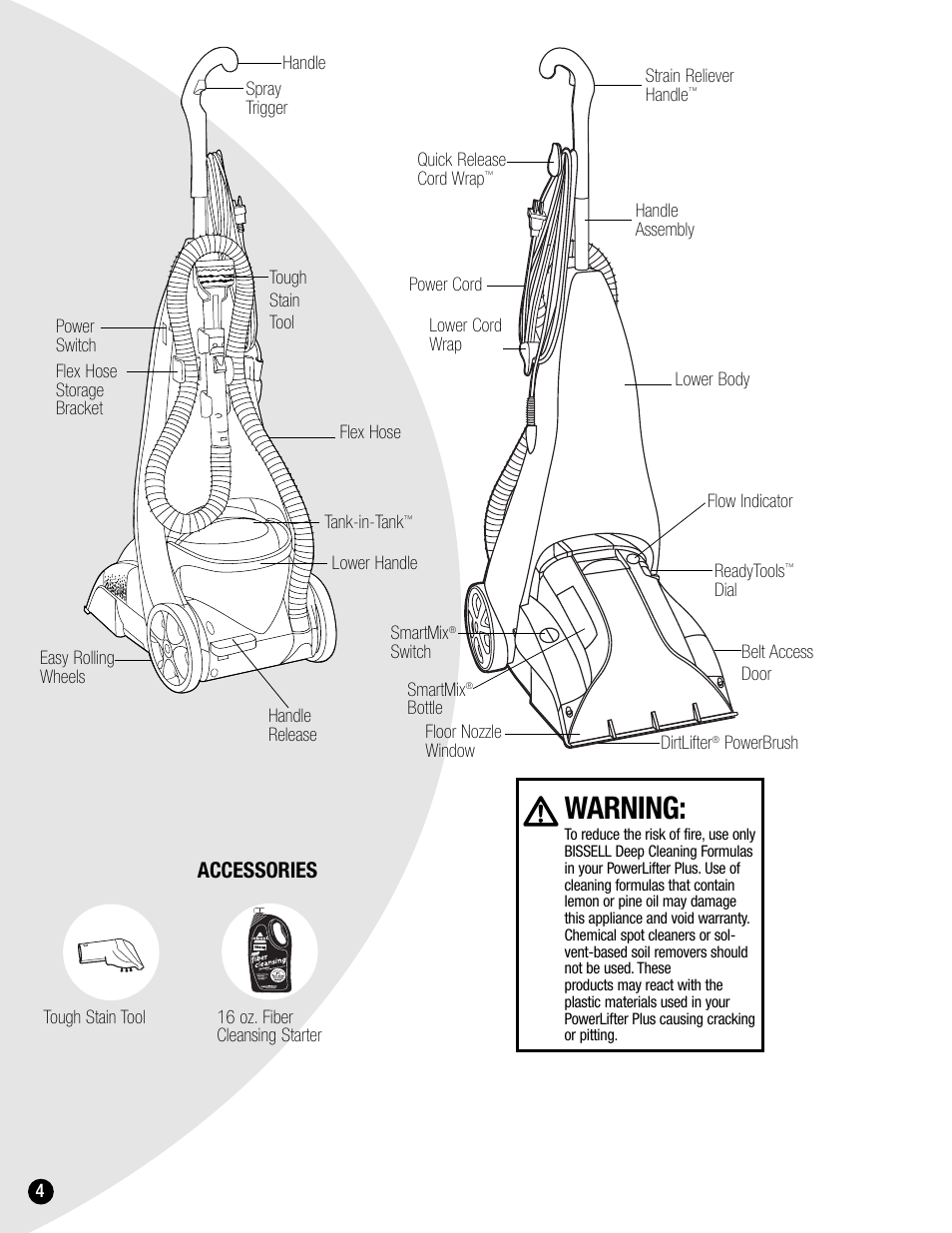 Warning, Accessories | Bissell 1620 User Manual | Page 4 / 20