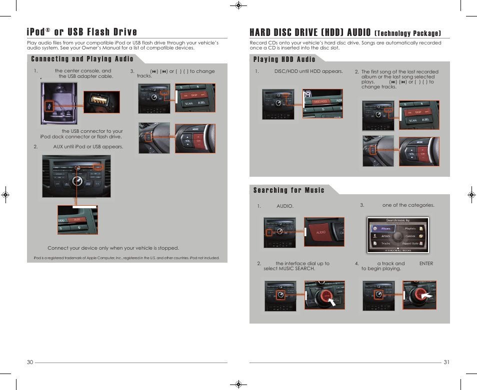 P. 30, Hard disc drive (hdd) audio, Ipod® or usb flash drive | Technology package) | Acura 2013 TSX - Advanced Technology Guide User Manual | Page 17 / 20