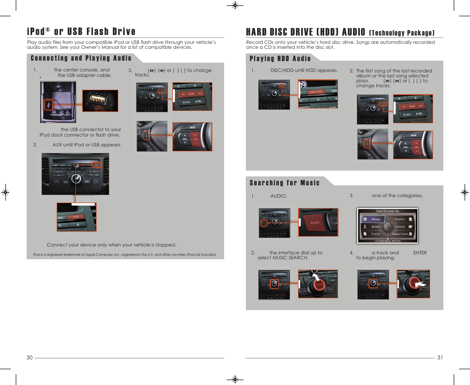 Hard disc drive (hdd) audio, Ipod® or usb flash drive, Technology package) | Acura 2013 TSX Sport Wagon - Advanced Technology Guide User Manual | Page 17 / 20