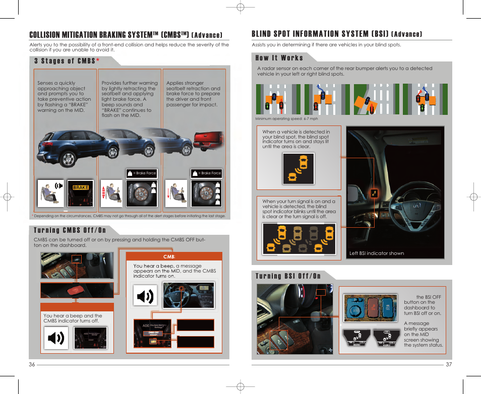 P. 37, Cmbs off cmbs, Collision mitigation braking system | Cmbs, Blind spot information system (bsi), Advance) | Acura 2012 MDX - Advanced Technology Guide User Manual | Page 20 / 22
