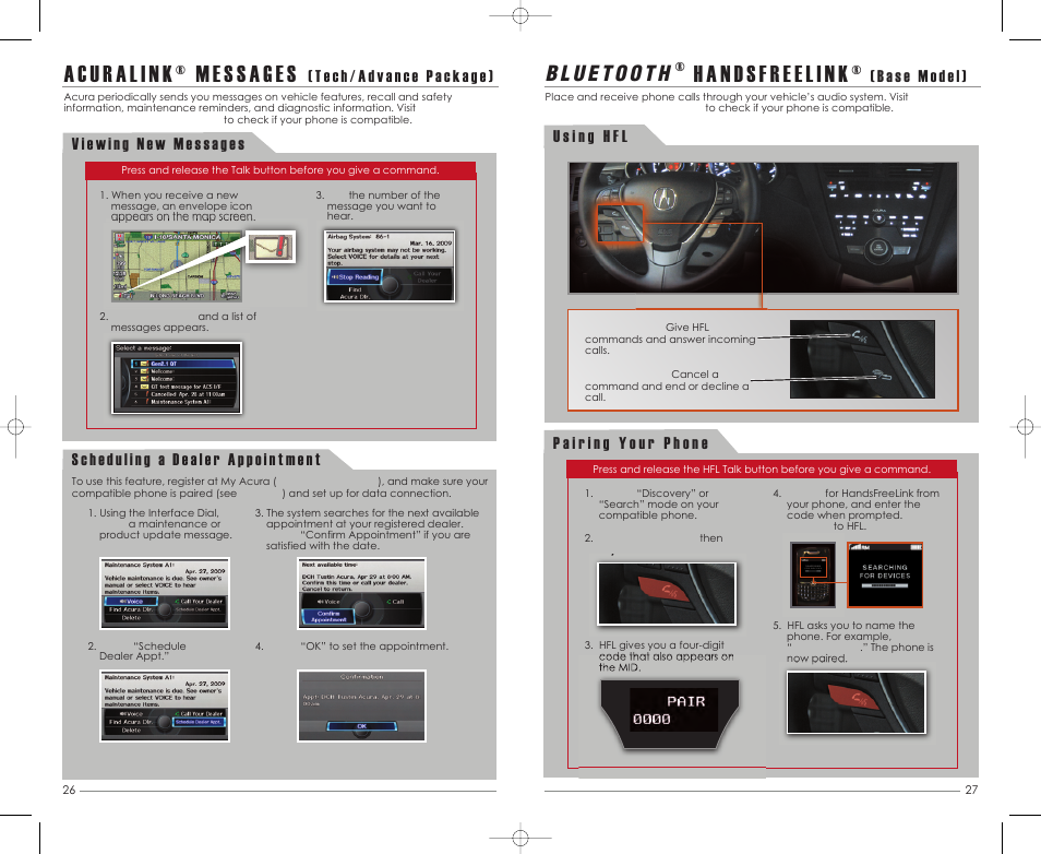 P. 27, P. 26, H ands fr e e link | Acura 2012 ZDX - Technology Reference Guide User Manual | Page 15 / 23