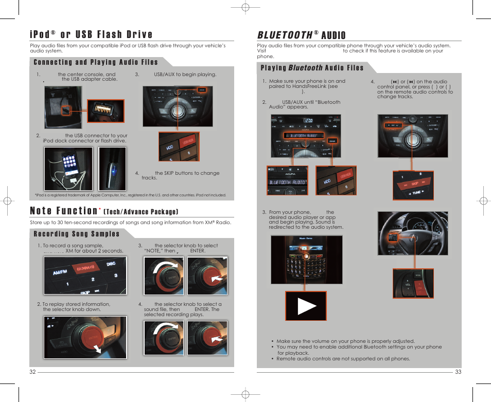 P. 32, Audio, Bluetooth | Tech/advance package) | Acura 2012 ZDX - Technology Reference Guide User Manual | Page 18 / 23