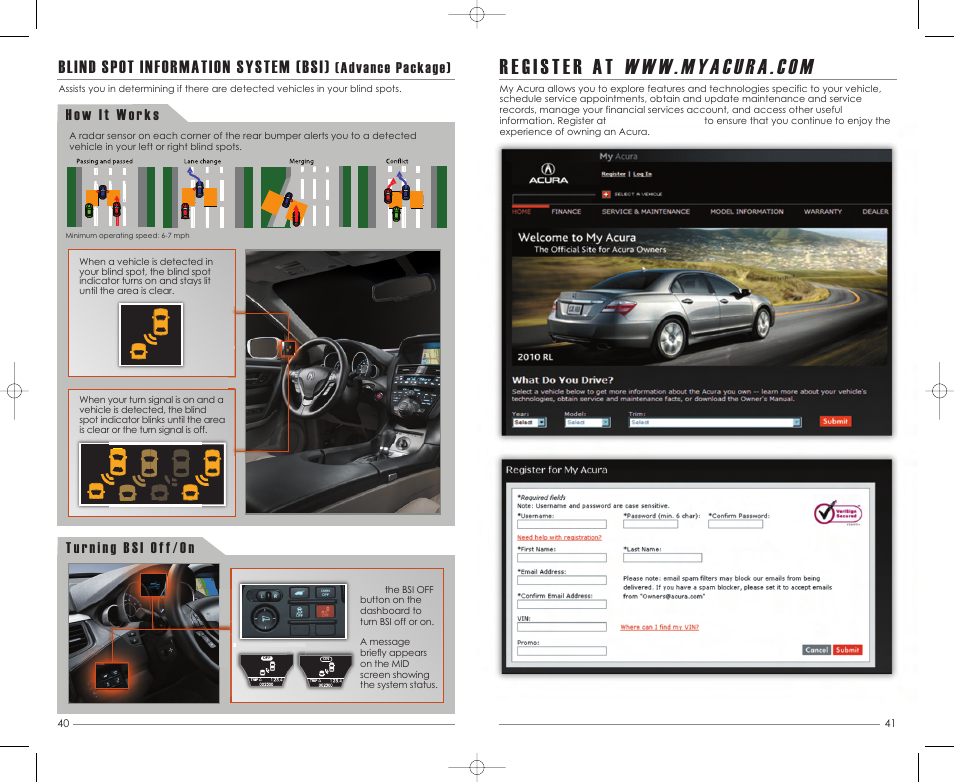 P. 40, Blind spot information system (bsi), Advance package) | Acura 2012 ZDX - Technology Reference Guide User Manual | Page 22 / 23