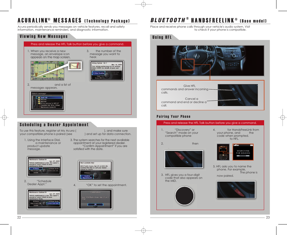 P. 23, P. 22, H ands fr e e link | Acura 2012 TSX - Advanced Technology Guide User Manual | Page 13 / 20