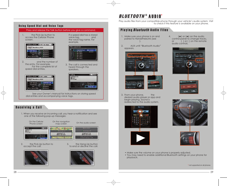 P. 29, Audio, Bluetooth | Acura 2012 TSX - Advanced Technology Guide User Manual | Page 16 / 20