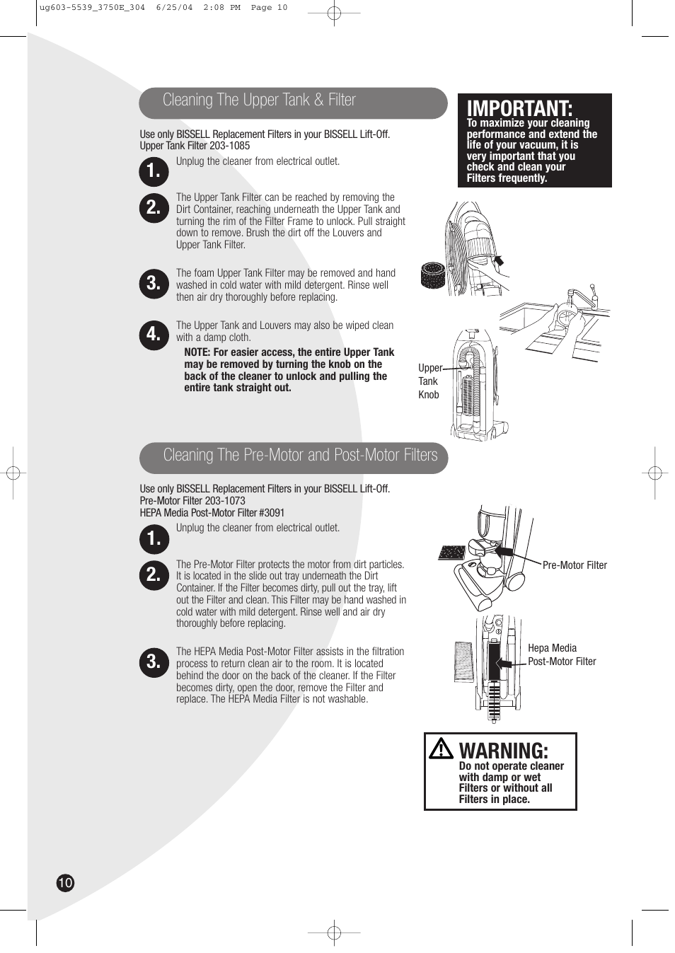 Warning, Important, Cleaning the pre-motor and post-motor filters | Cleaning the upper tank & filter | Bissell 3750 SERIES-220/240V EN User Manual | Page 10 / 16