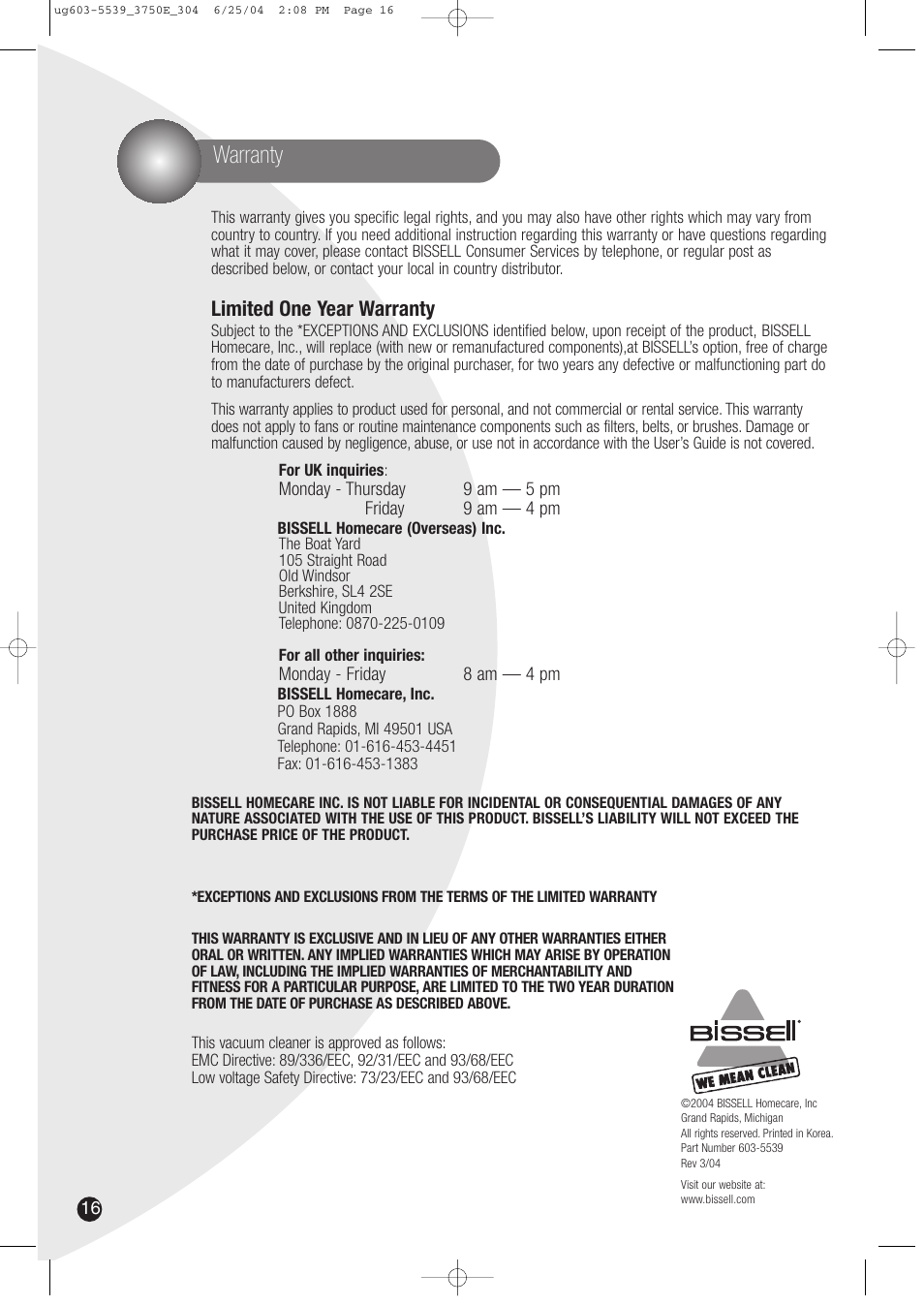 Warranty, Limited one year warranty | Bissell 3750 SERIES-220/240V EN User Manual | Page 16 / 16