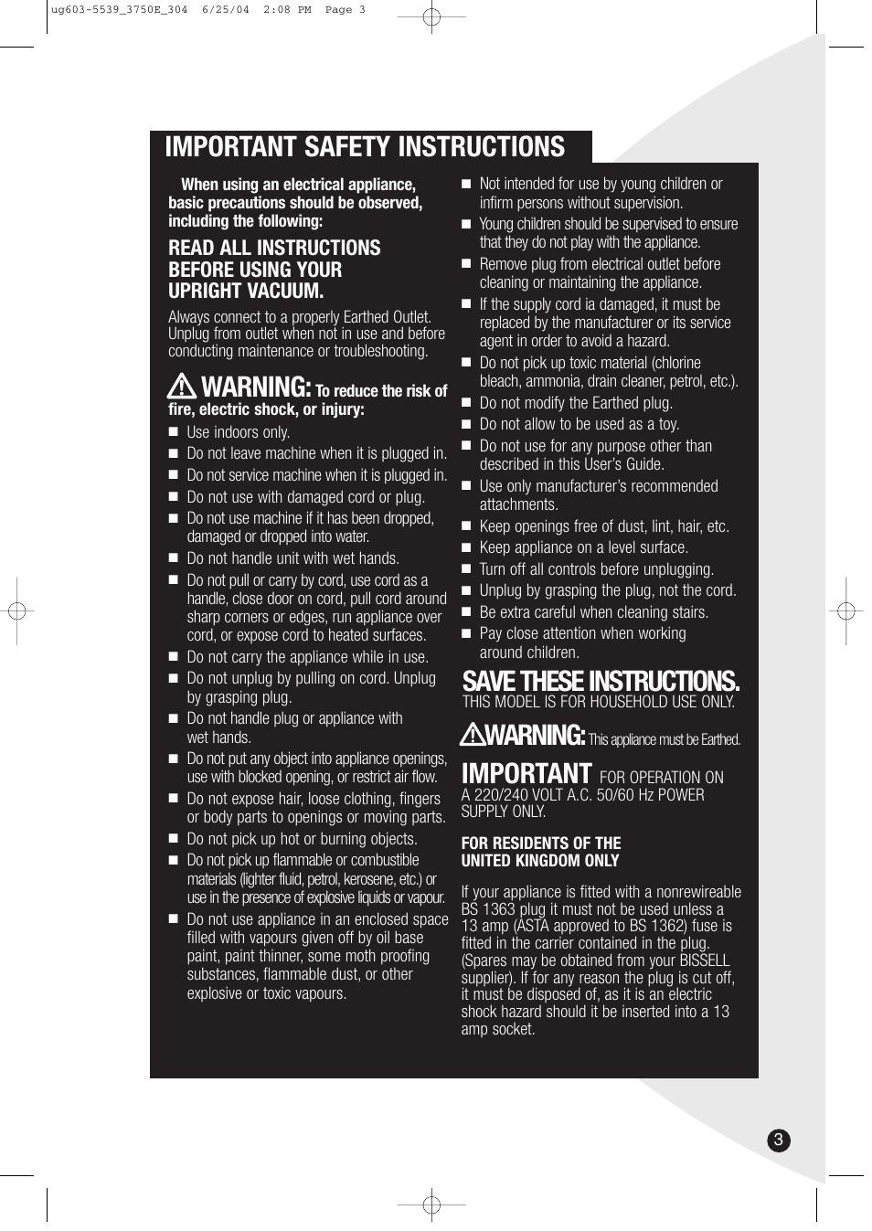 Important safety instructions, Save these instructions, Warning | Important | Bissell 3750 SERIES-220/240V EN User Manual | Page 3 / 16