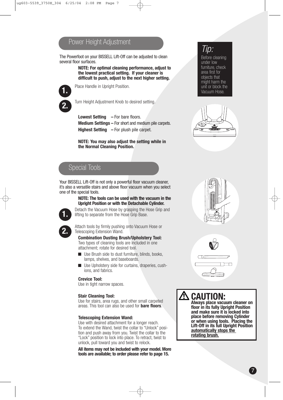 Caution, Special tools, Power height adjustment | Bissell 3750 SERIES-220/240V EN User Manual | Page 7 / 16