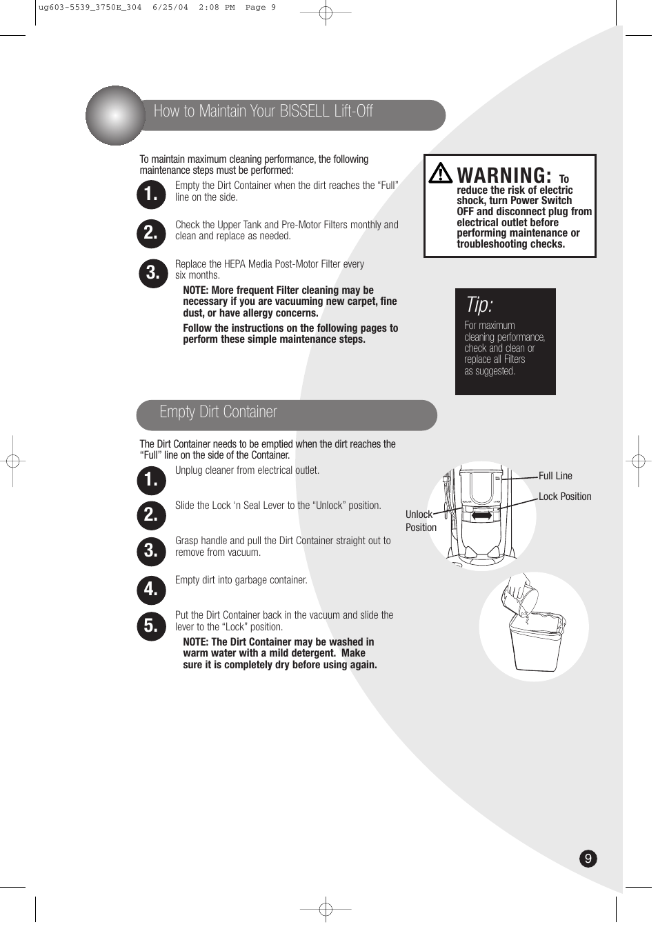 Warning, How to maintain your bissell lift-off, Empty dirt container | Bissell 3750 SERIES-220/240V EN User Manual | Page 9 / 16