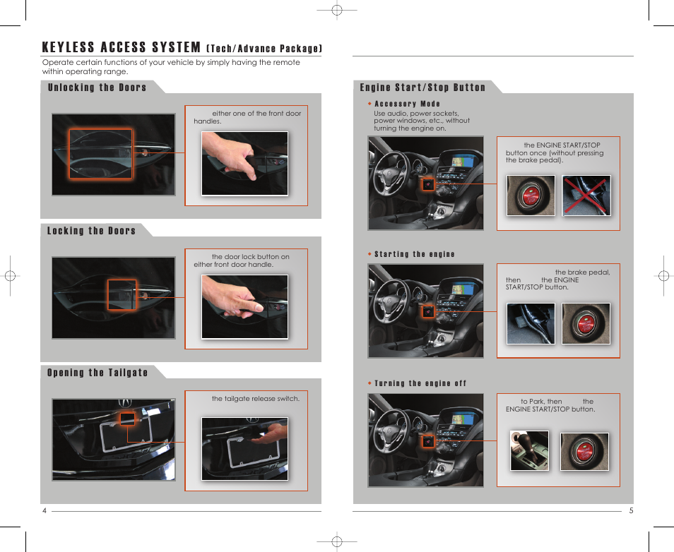 Keyless access system, Tech/advance package) | Acura 2011 ZDX - Advanced Technology Guide User Manual | Page 4 / 23