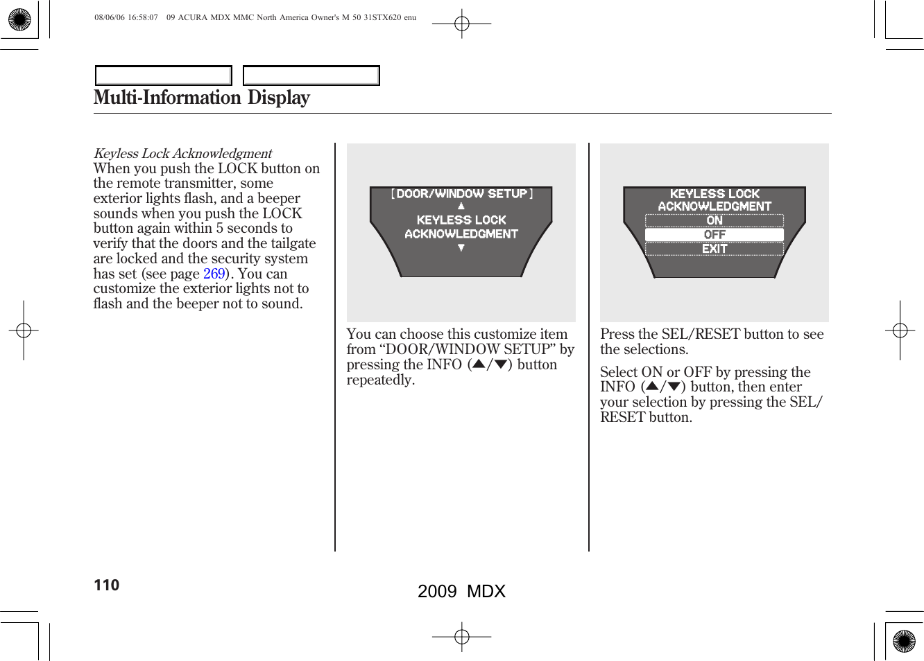 Multi-information display, 2009 mdx | Acura 2009 MDX - Owner's Manual User Manual | Page 114 / 489