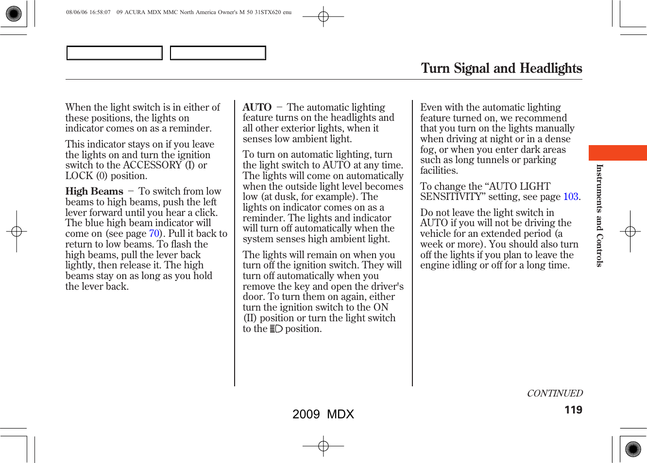 Turn signal and headlights, 2009 mdx | Acura 2009 MDX - Owner's Manual User Manual | Page 123 / 489
