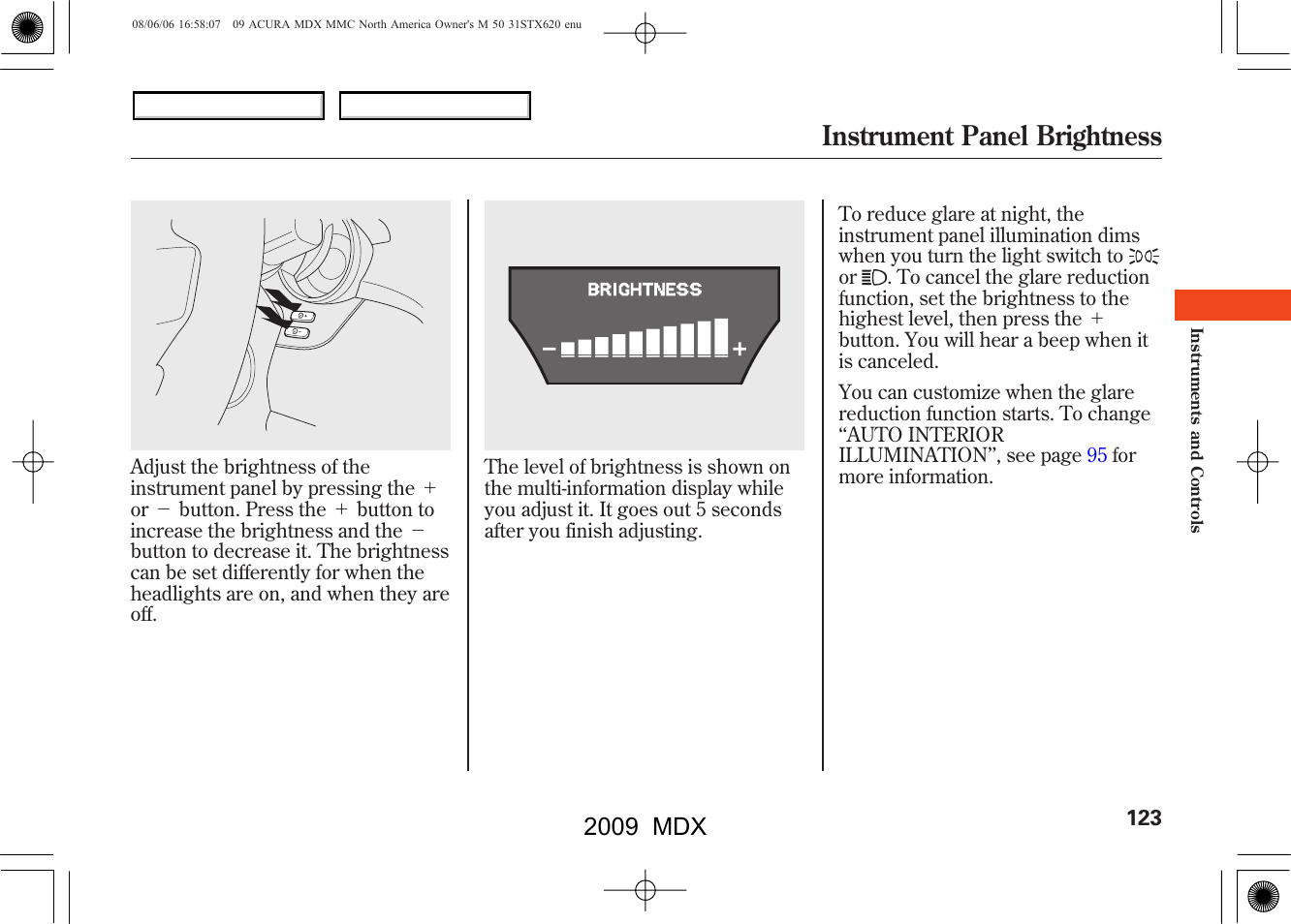 Instrument panel brightness, 2009 mdx | Acura 2009 MDX - Owner's Manual User Manual | Page 127 / 489