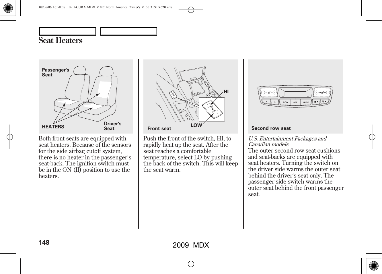 Seat heaters, 2009 mdx | Acura 2009 MDX - Owner's Manual User Manual | Page 152 / 489