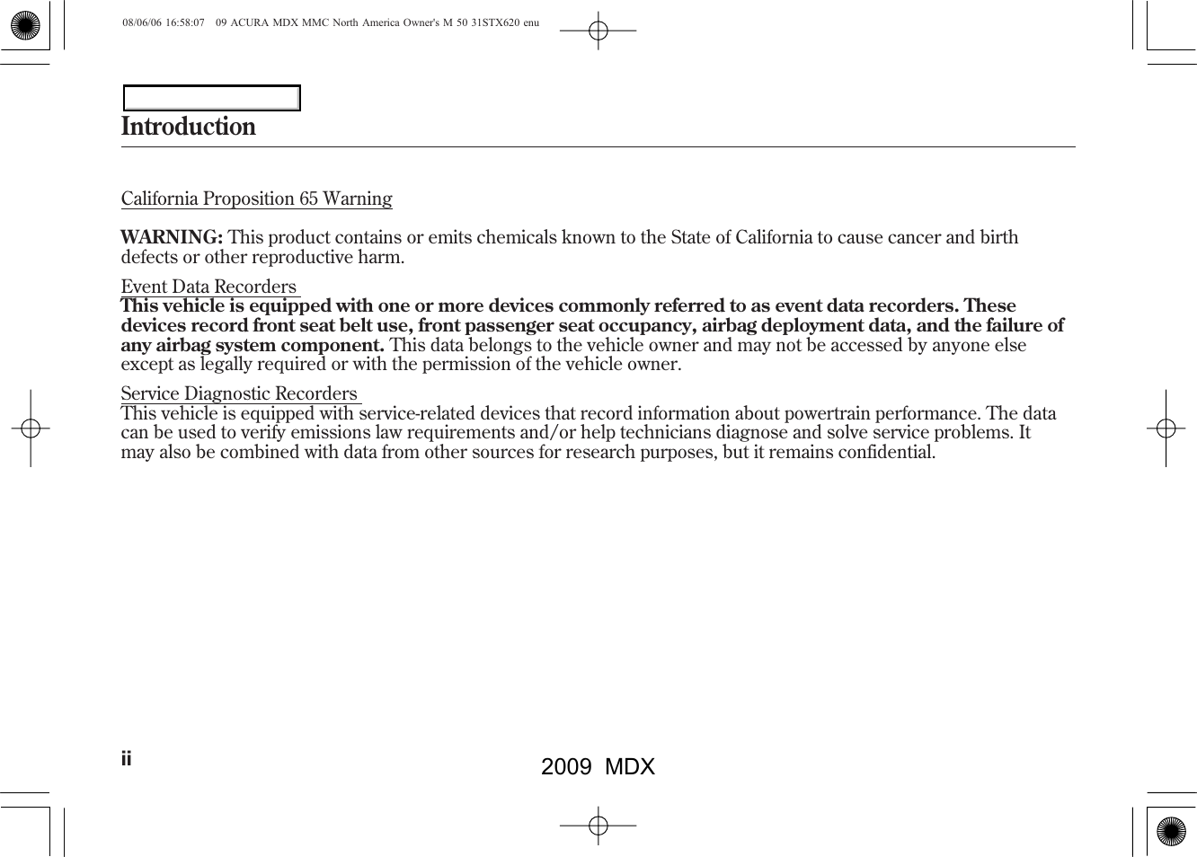 Introduction, 2009 mdx | Acura 2009 MDX - Owner's Manual User Manual | Page 2 / 489