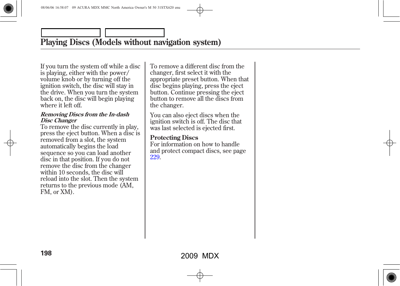 Playing discs (models without navigation system), 2009 mdx | Acura 2009 MDX - Owner's Manual User Manual | Page 202 / 489