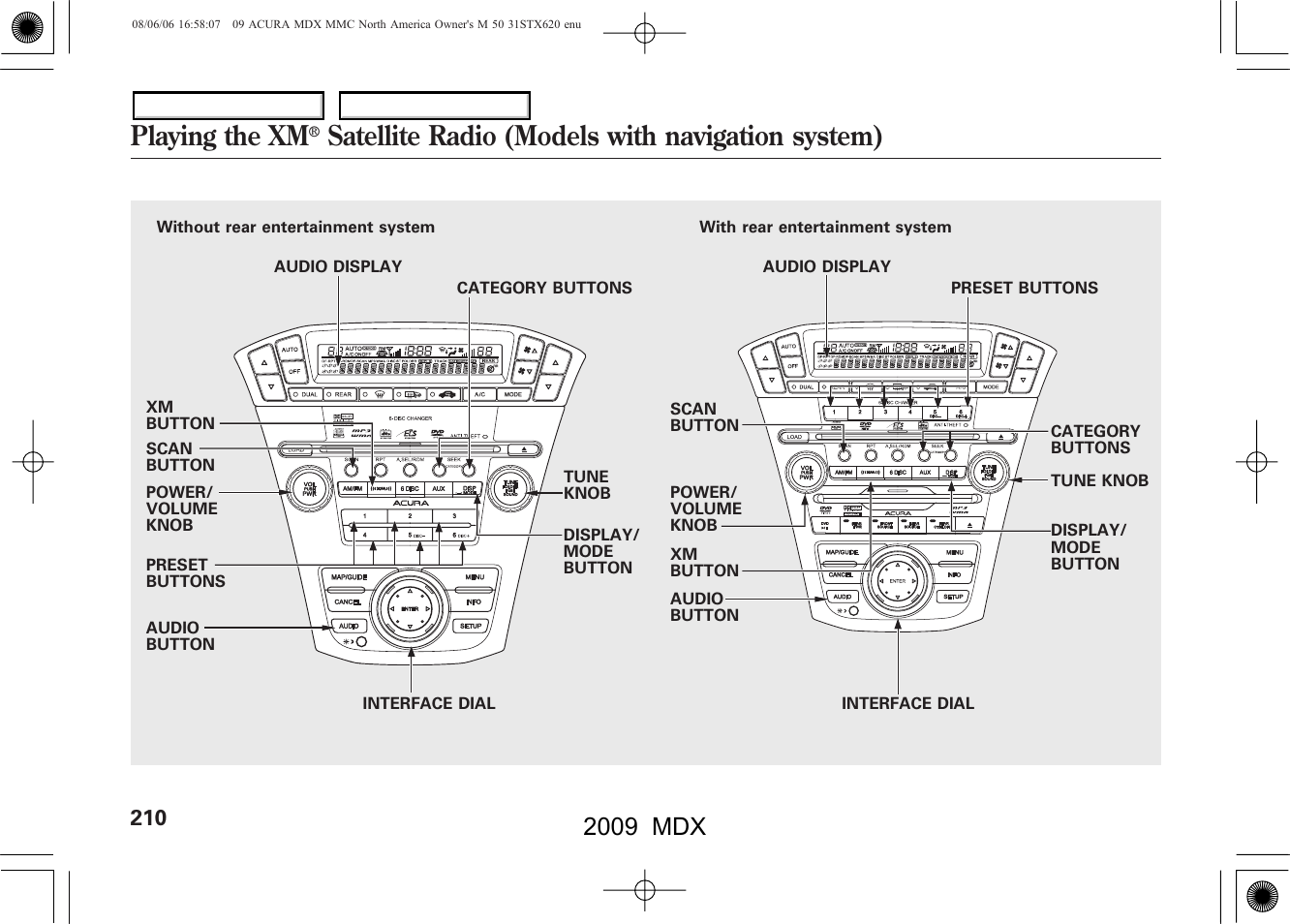 Playing the xm, Satellite radio (models with navigation system), 2009 mdx | Acura 2009 MDX - Owner's Manual User Manual | Page 214 / 489