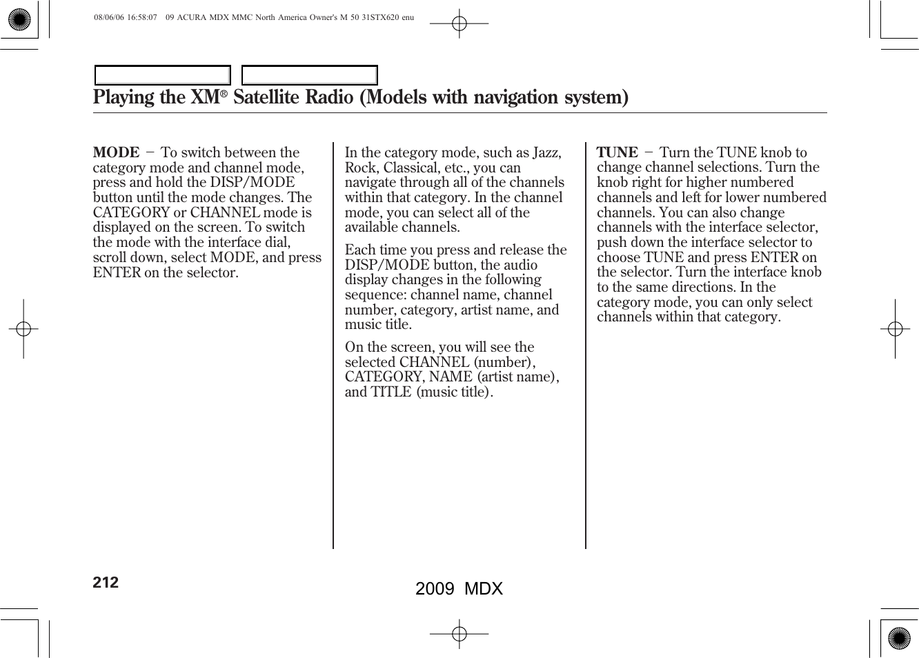 Playing the xm, Satellite radio (models with navigation system), 2009 mdx | Acura 2009 MDX - Owner's Manual User Manual | Page 216 / 489