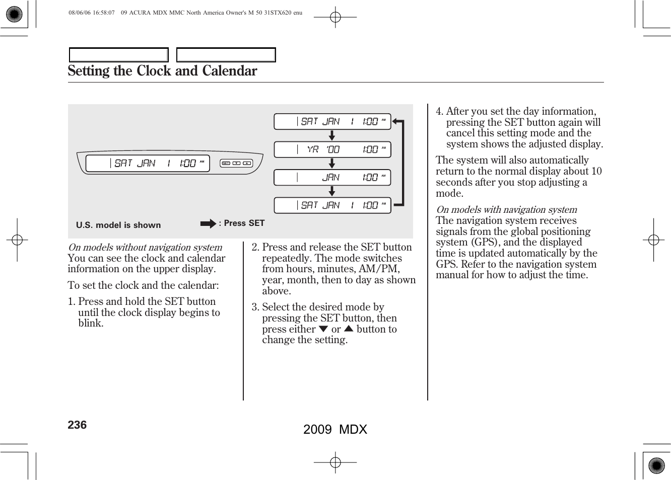 Setting the clock and calendar, 2009 mdx | Acura 2009 MDX - Owner's Manual User Manual | Page 240 / 489