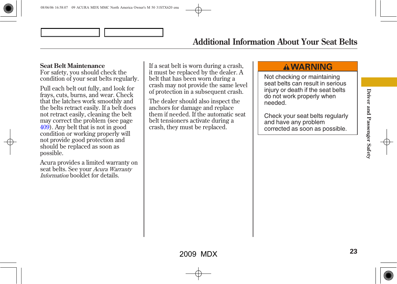 Additional information about your seat belts, 2009 mdx | Acura 2009 MDX - Owner's Manual User Manual | Page 27 / 489