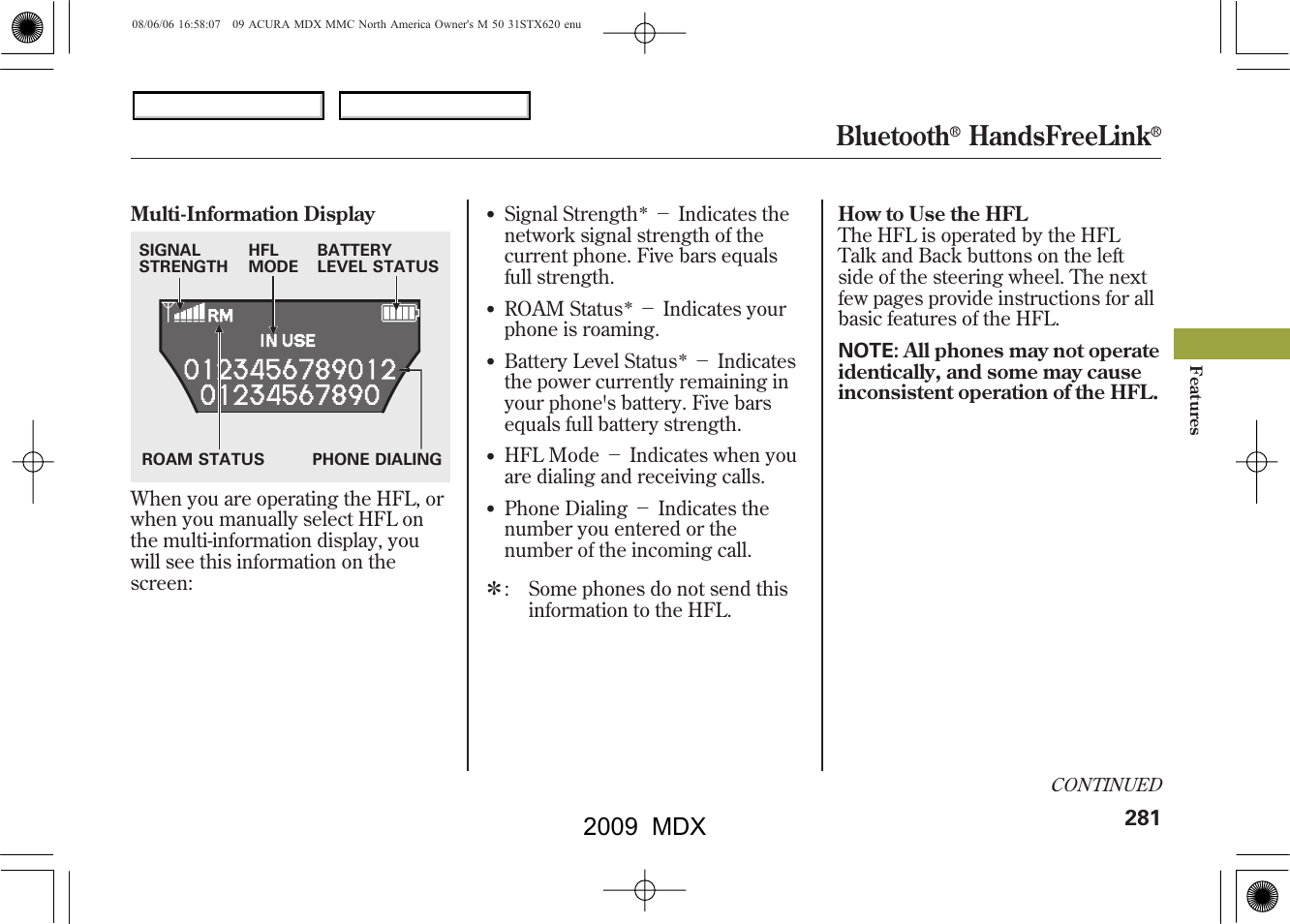 Bluetooth, Handsfreelink, 2009 mdx | Acura 2009 MDX - Owner's Manual User Manual | Page 285 / 489