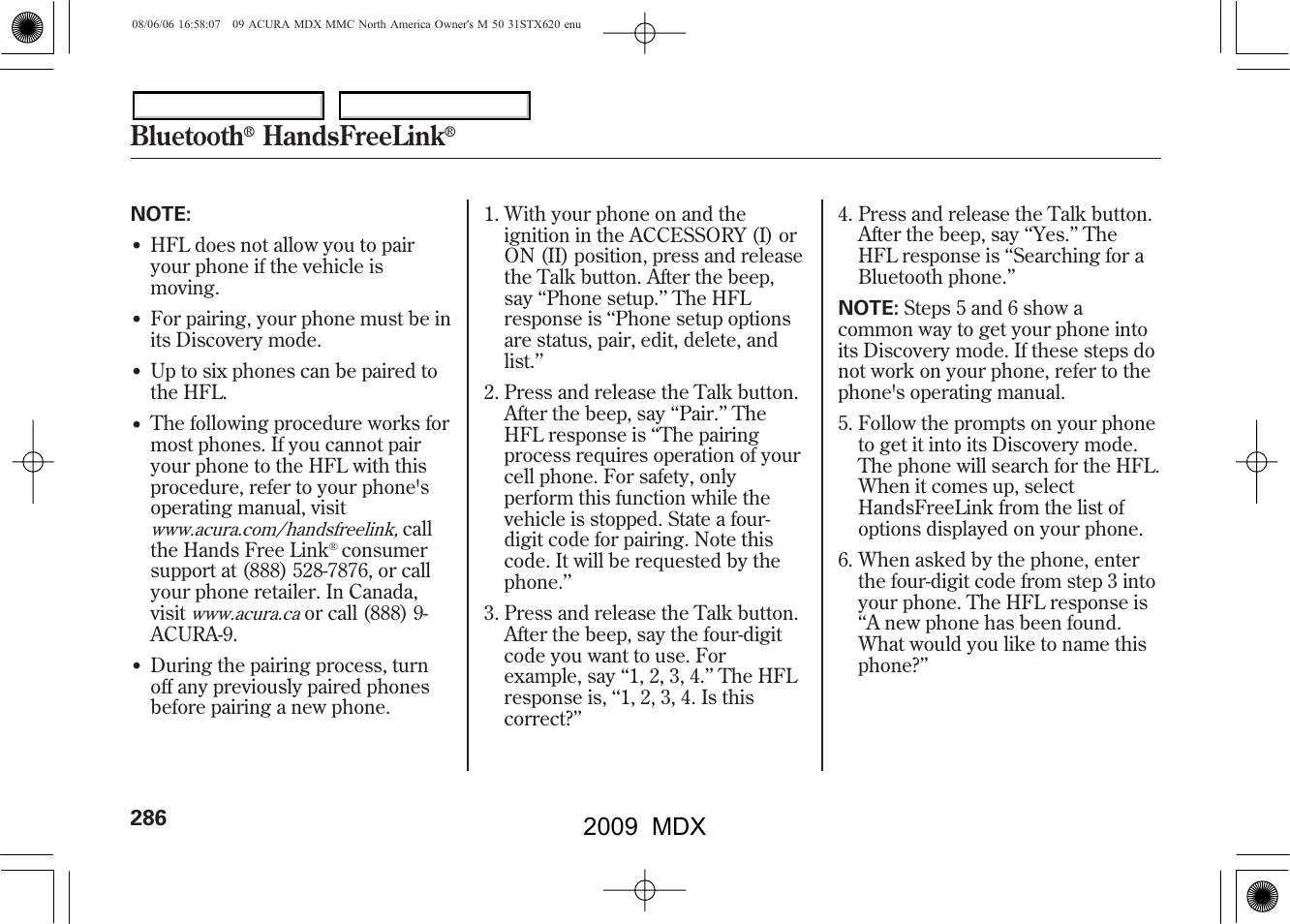 Bluetooth, Handsfreelink, 2009 mdx | Acura 2009 MDX - Owner's Manual User Manual | Page 290 / 489