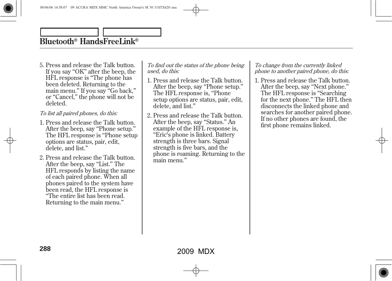 Bluetooth, Handsfreelink, 2009 mdx | Acura 2009 MDX - Owner's Manual User Manual | Page 292 / 489