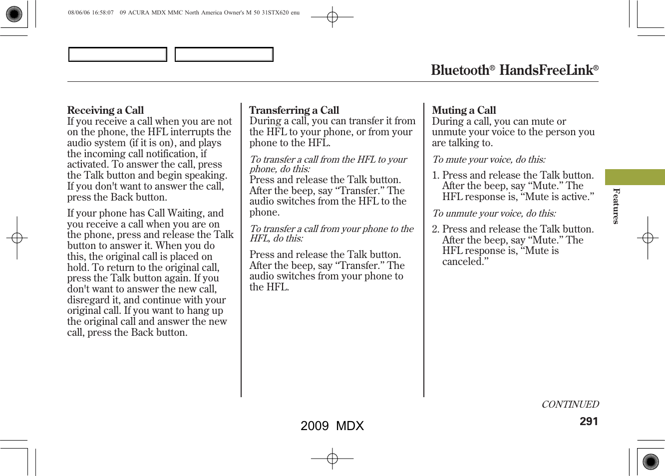 Bluetooth, Handsfreelink, 2009 mdx | Acura 2009 MDX - Owner's Manual User Manual | Page 295 / 489