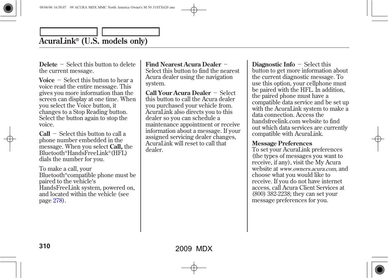 Acuralink, U.s. models only), 2009 mdx | Acura 2009 MDX - Owner's Manual User Manual | Page 314 / 489