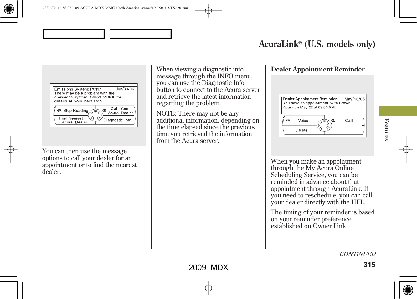 Acuralink, U.s. models only), 2009 mdx | Acura 2009 MDX - Owner's Manual User Manual | Page 319 / 489