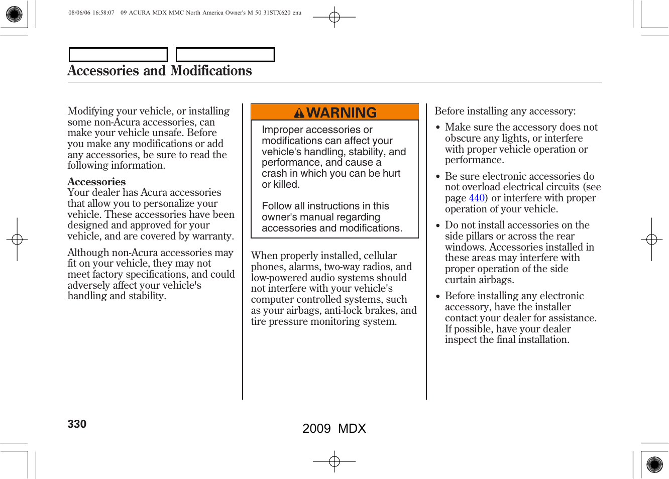 Accessories and modifications, 2009 mdx | Acura 2009 MDX - Owner's Manual User Manual | Page 334 / 489