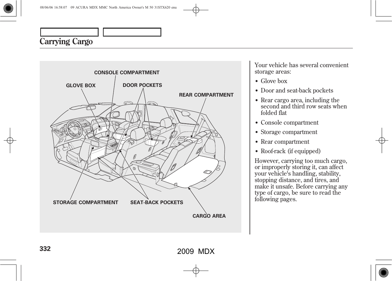 Carrying cargo, 2009 mdx | Acura 2009 MDX - Owner's Manual User Manual | Page 336 / 489