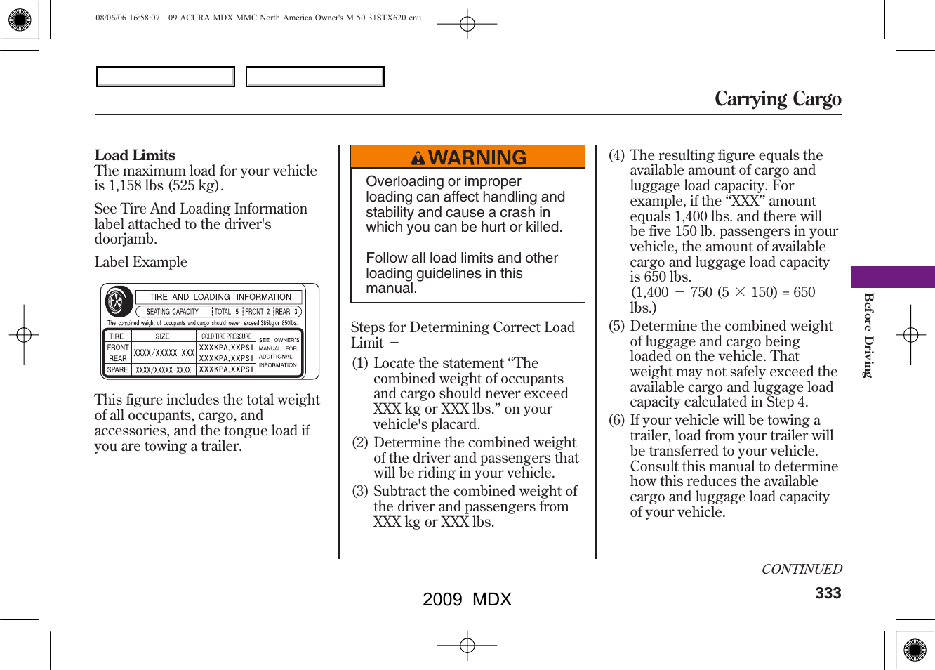 Carrying cargo, 2009 mdx | Acura 2009 MDX - Owner's Manual User Manual | Page 337 / 489