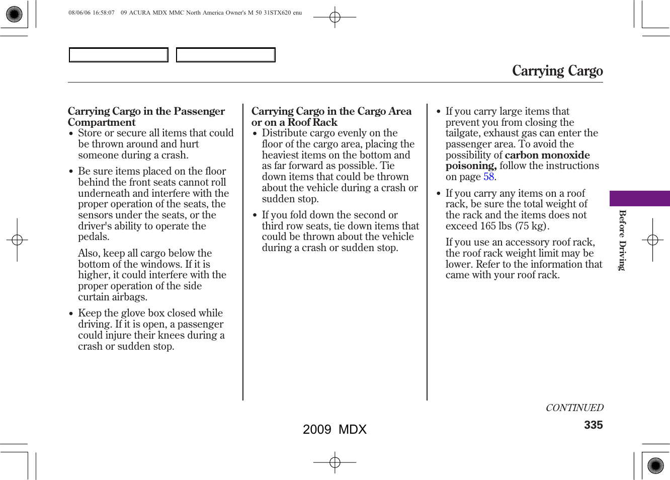 Carrying cargo, 2009 mdx | Acura 2009 MDX - Owner's Manual User Manual | Page 339 / 489