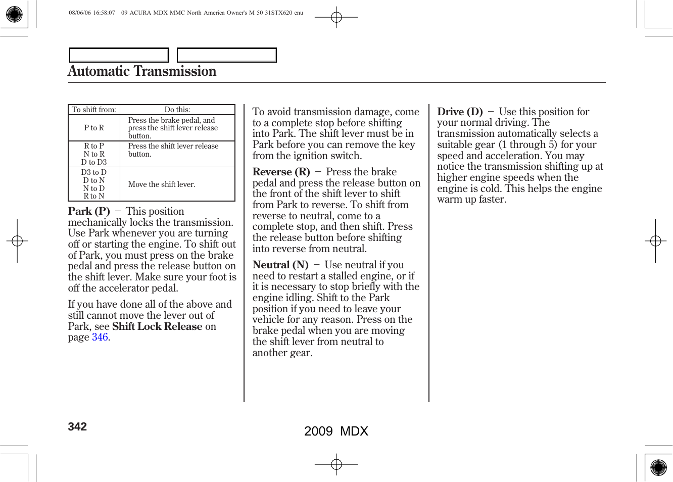 Automatic transmission, 2009 mdx | Acura 2009 MDX - Owner's Manual User Manual | Page 346 / 489