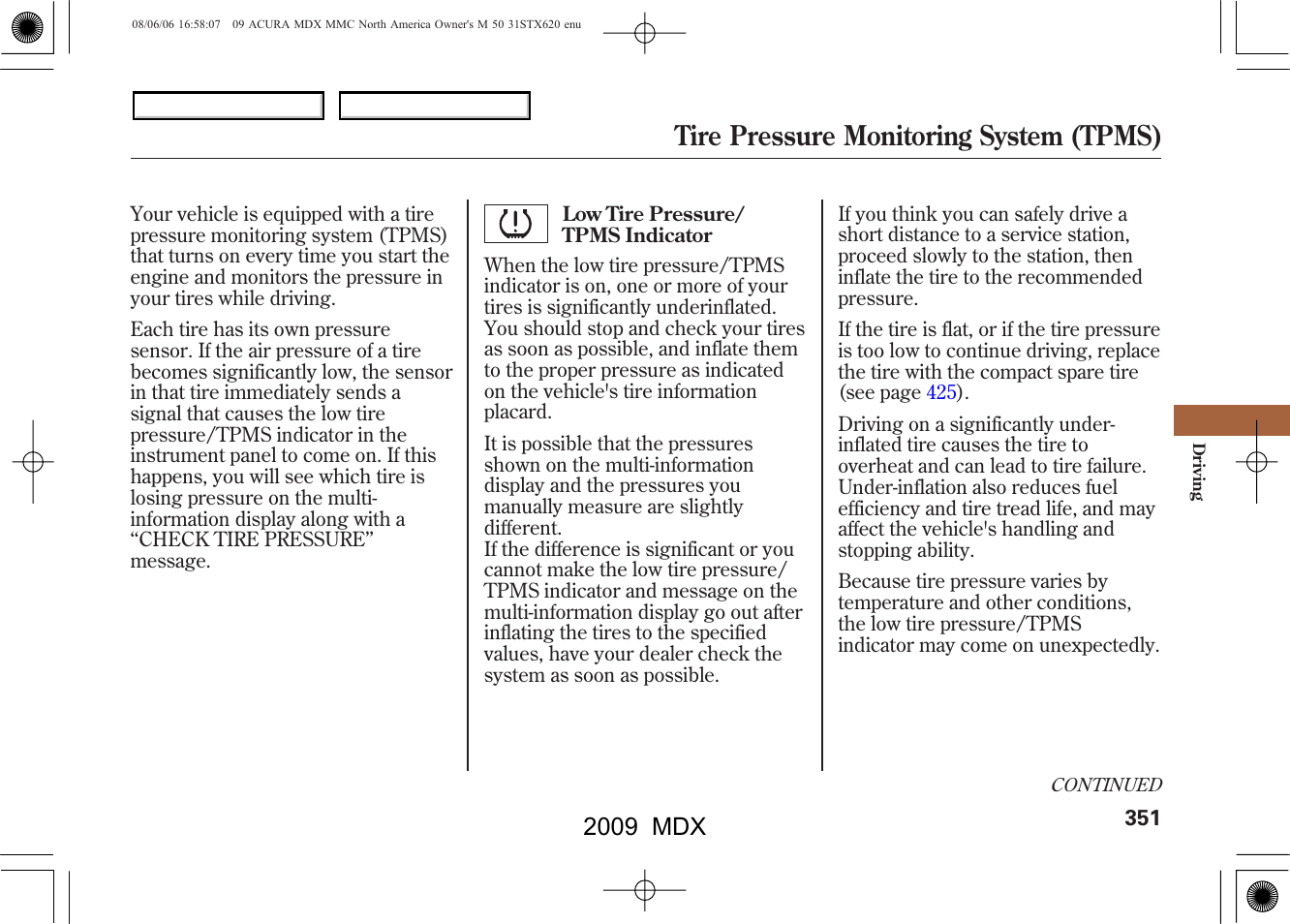 Tire pressure monitoring system (tpms), 2009 mdx | Acura 2009 MDX - Owner's Manual User Manual | Page 355 / 489