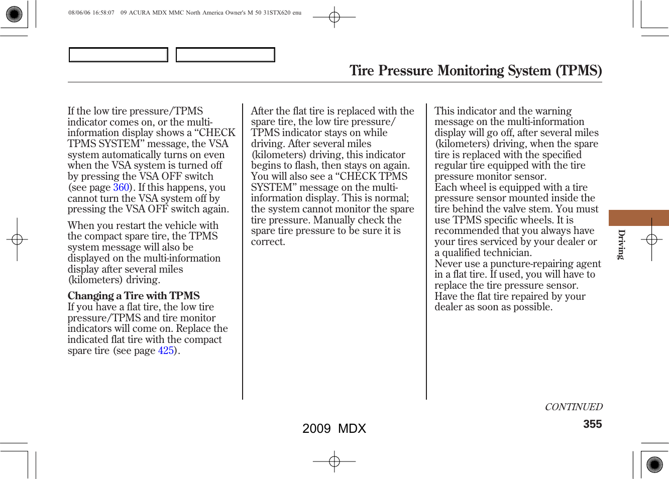 Tire pressure monitoring system (tpms), 2009 mdx | Acura 2009 MDX - Owner's Manual User Manual | Page 359 / 489