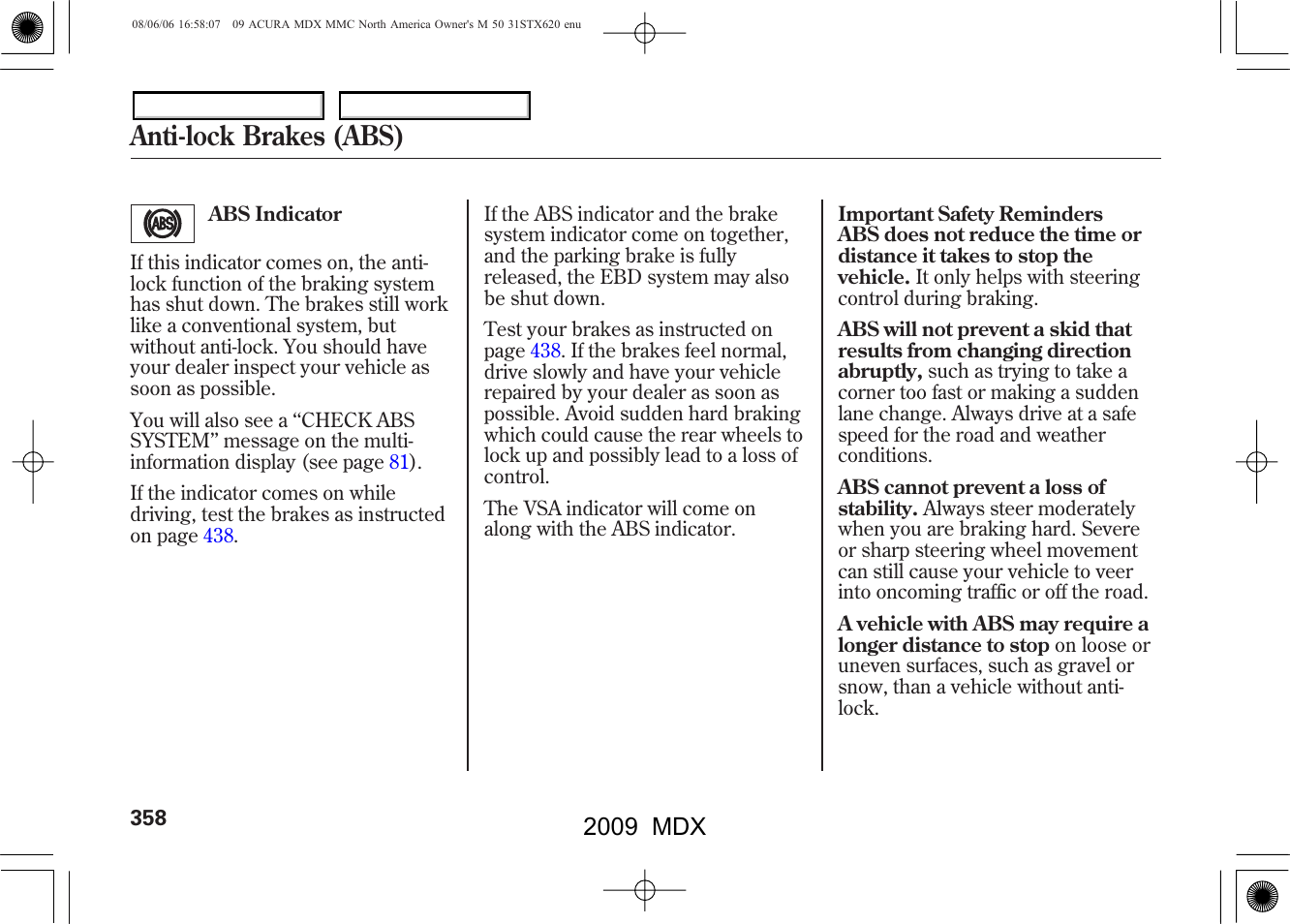 Anti-lock brakes (abs), 2009 mdx | Acura 2009 MDX - Owner's Manual User Manual | Page 362 / 489