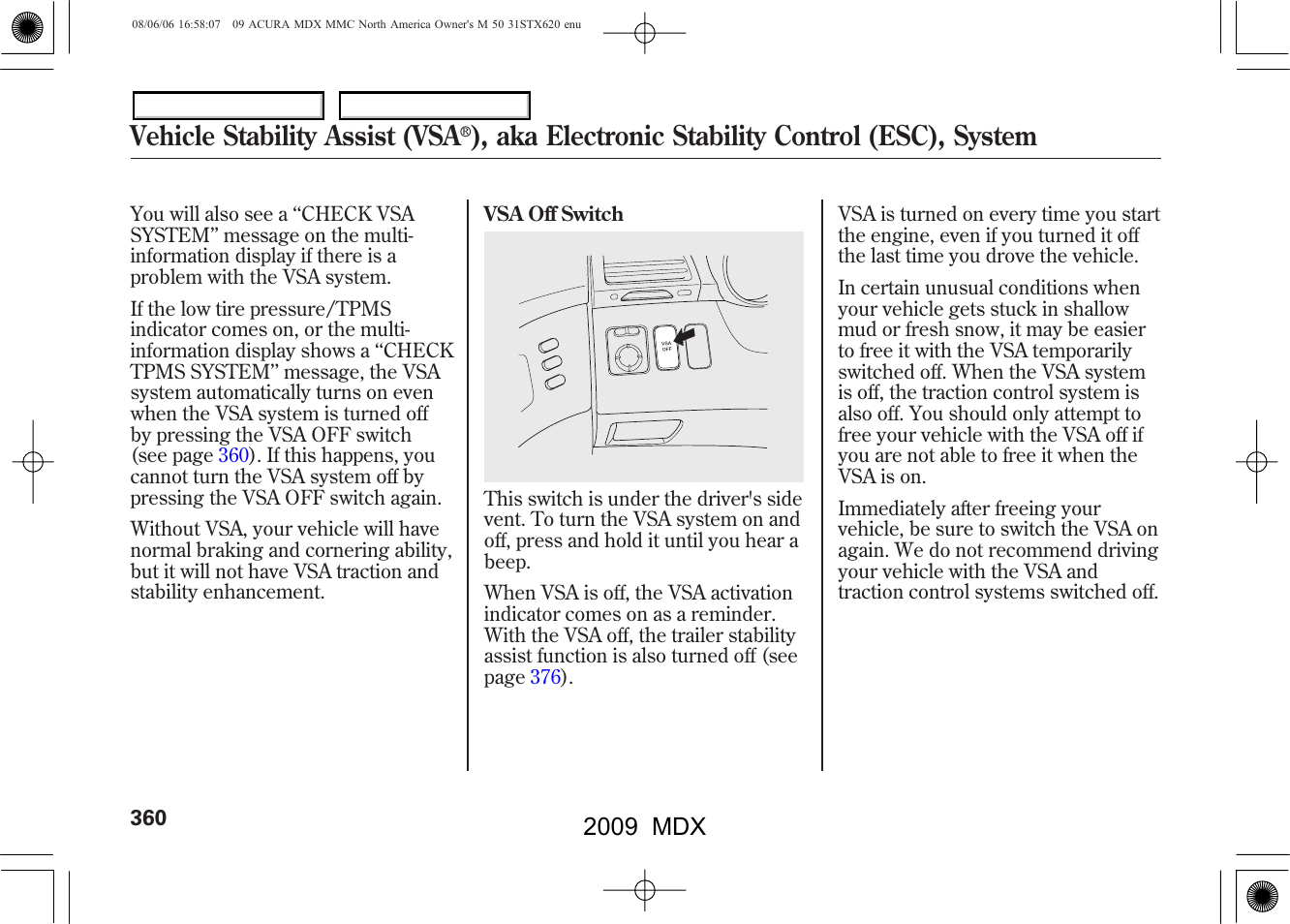 Vehicle stability assist (vsa, Aka electronic stability control (esc), system, 2009 mdx | Acura 2009 MDX - Owner's Manual User Manual | Page 364 / 489