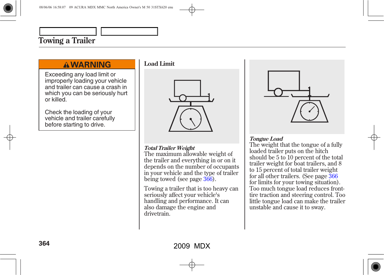 Towing a trailer, 2009 mdx | Acura 2009 MDX - Owner's Manual User Manual | Page 368 / 489