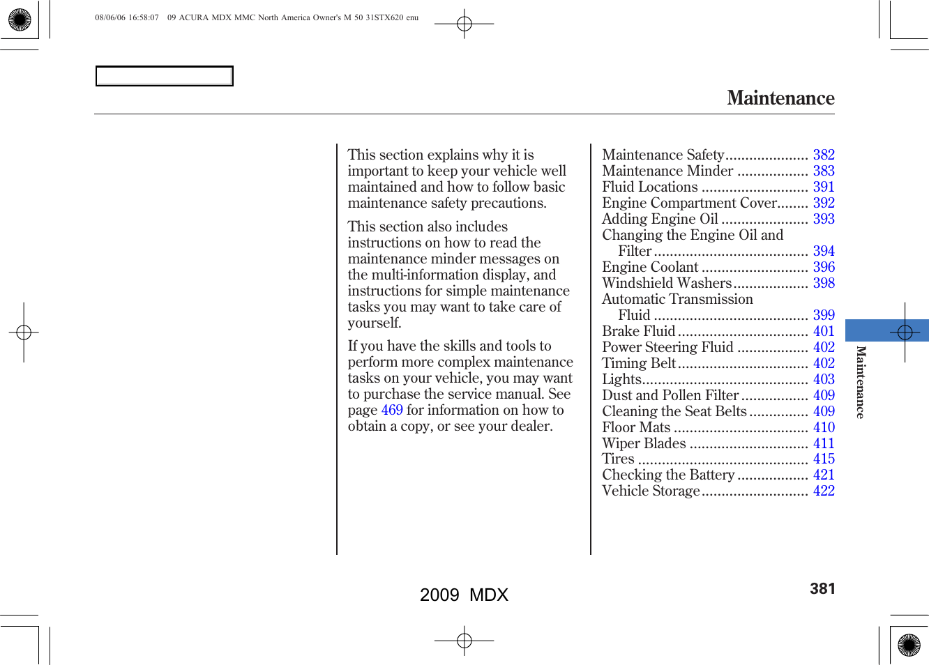 Maintenance, 2009 mdx | Acura 2009 MDX - Owner's Manual User Manual | Page 385 / 489