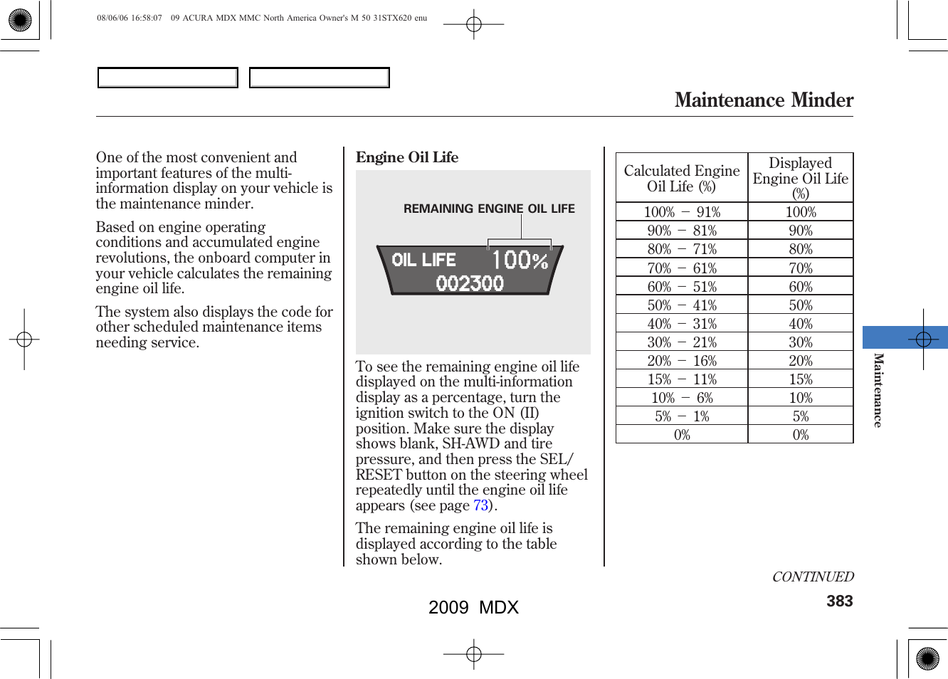 Maintenance minder, 2009 mdx | Acura 2009 MDX - Owner's Manual User Manual | Page 387 / 489