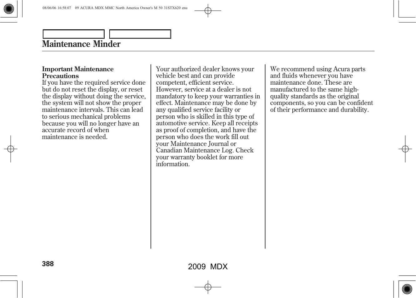 Maintenance minder, 2009 mdx | Acura 2009 MDX - Owner's Manual User Manual | Page 392 / 489