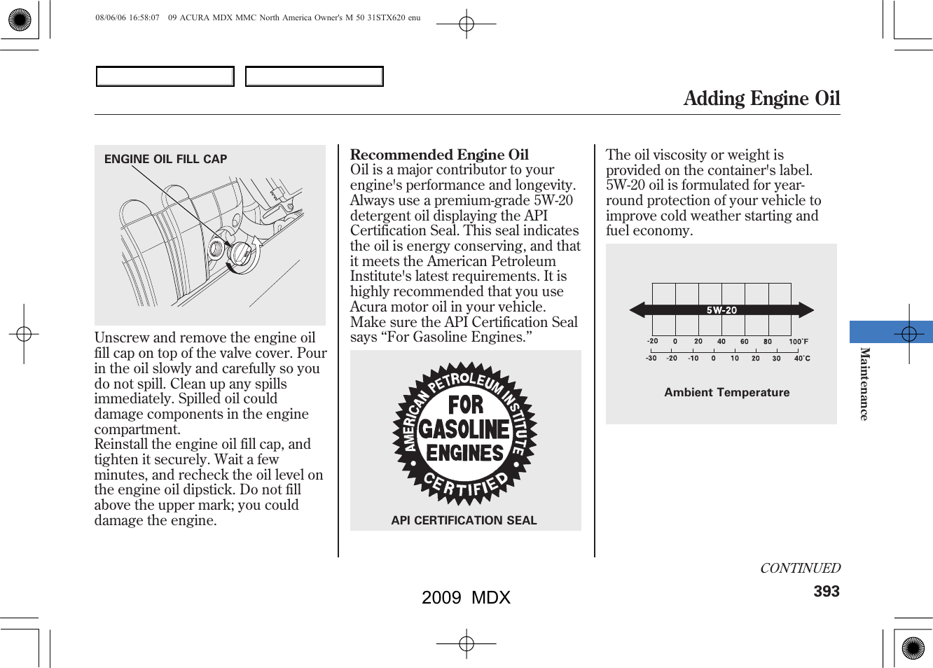 Adding engine oil, 2009 mdx | Acura 2009 MDX - Owner's Manual User Manual | Page 397 / 489