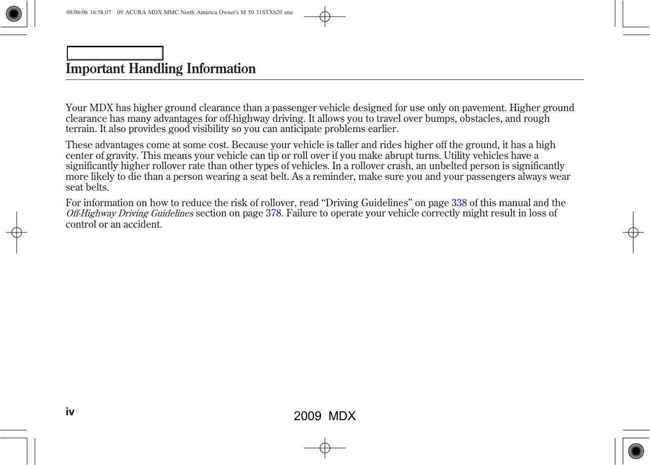 Important handling information, 2009 mdx | Acura 2009 MDX - Owner's Manual User Manual | Page 4 / 489