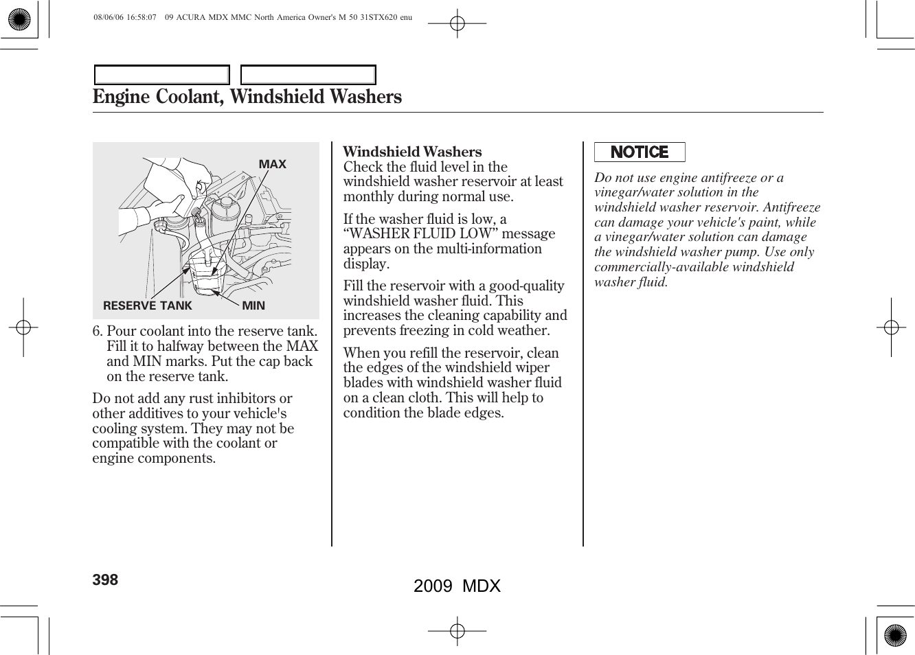 Engine coolant, windshield washers, 2009 mdx | Acura 2009 MDX - Owner's Manual User Manual | Page 402 / 489