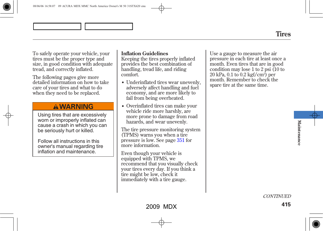 Tires, 2009 mdx | Acura 2009 MDX - Owner's Manual User Manual | Page 419 / 489
