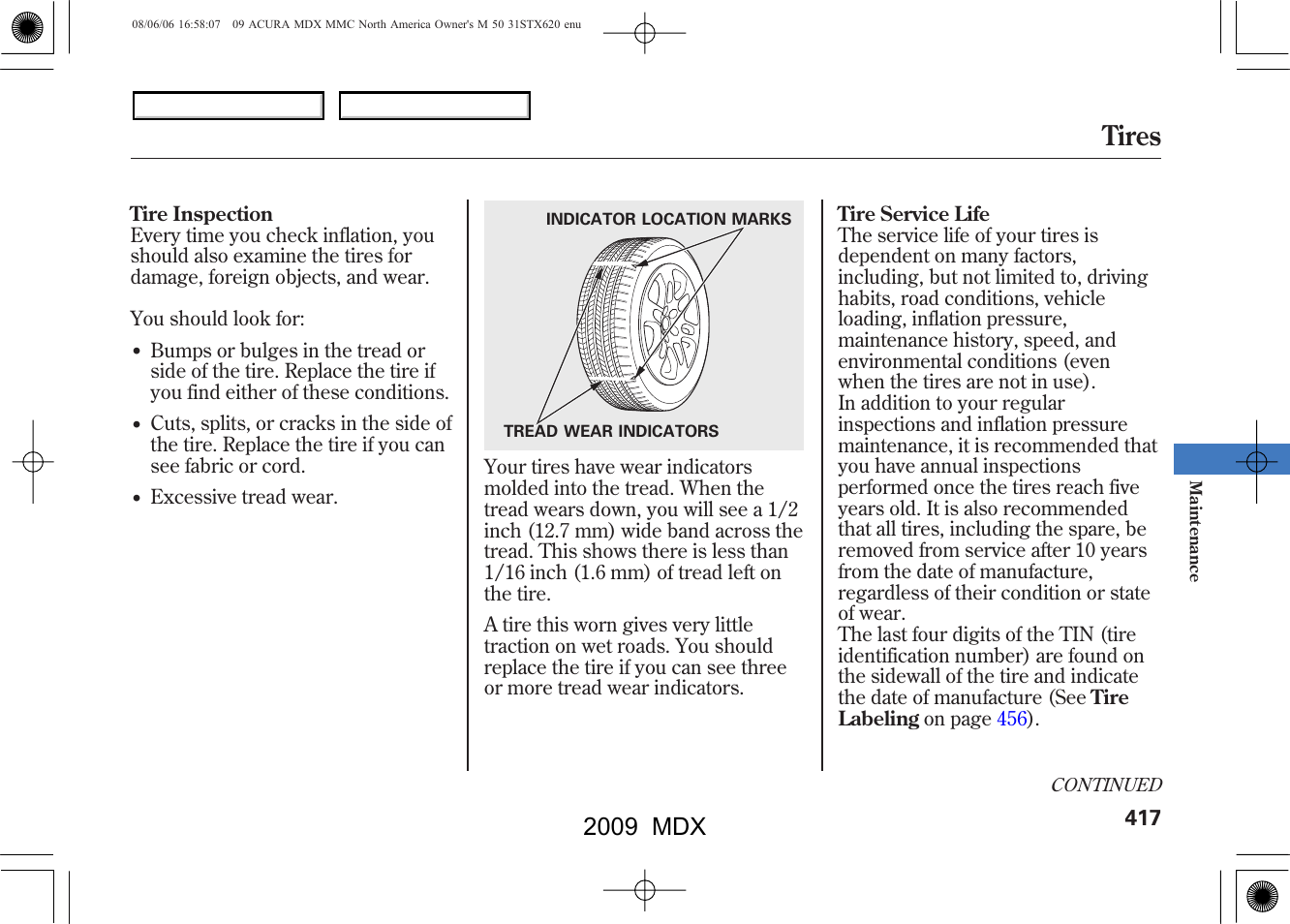 Tires, 2009 mdx | Acura 2009 MDX - Owner's Manual User Manual | Page 421 / 489